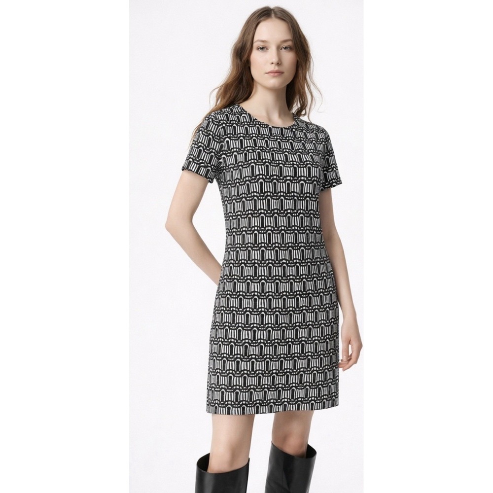 Adrienne Vittadini Elegant Black White Pattern Mini Dress Size 4 Short Sleeves